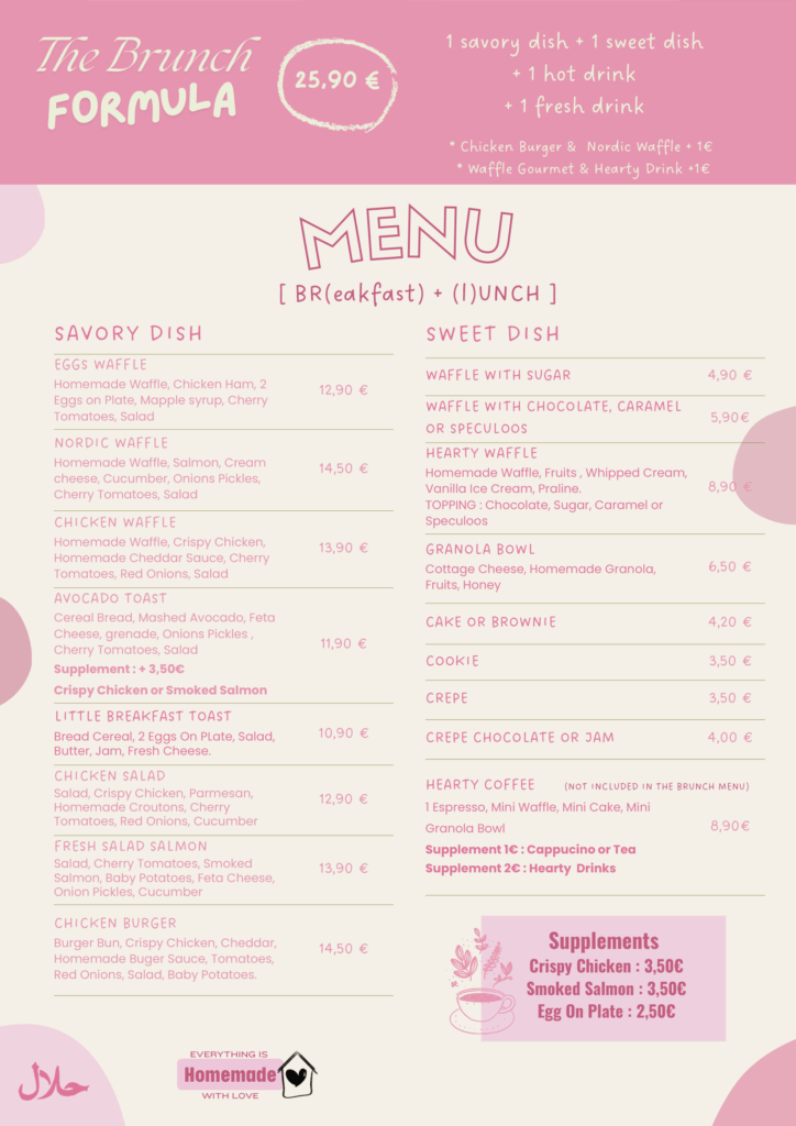 Adult brunch menu at La Famila, a kids friendly café in Montévrain near Val d’Europe and Disneyland Paris.