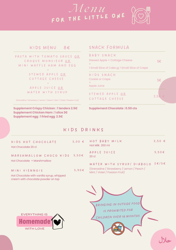 Kids brunch menu for children at La Famila, a family-friendly brunch café near Disneyland Paris.